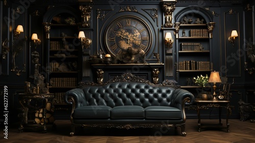 Elegant interior featuring a leather sofa with vintage furniture in dark tones. AI-generated.