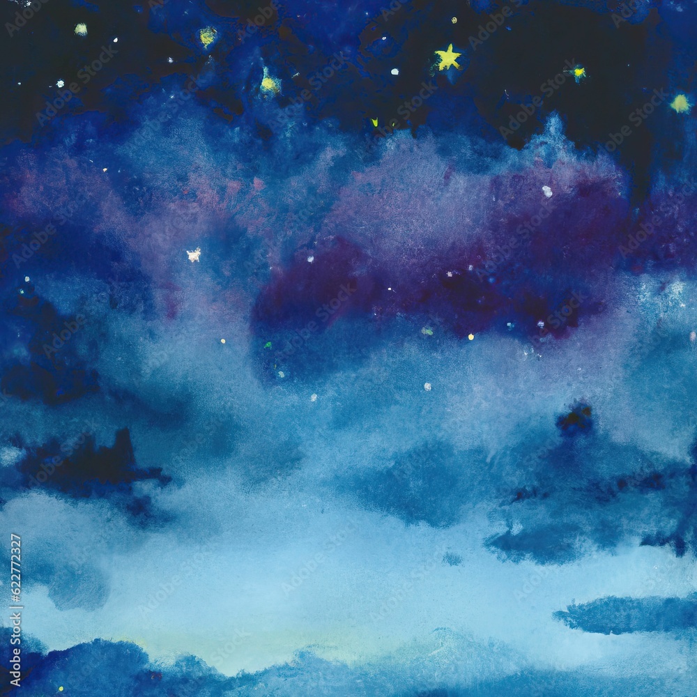 AI generated illustration of a watercolor painting depicting a starry night sky