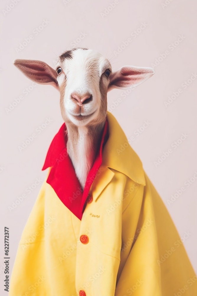 AI generated illustration of a goat wearing a yellow coat over a red shirt