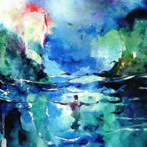 AI generated illustration of a watercolor painting depicting a person swimming in a lake