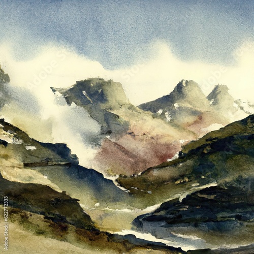 AI generated illustration of a watercolor painting depicting mountain range and valley