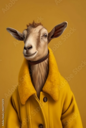AI generated illustration of a goat wearing a yellow coat on a beige background