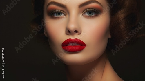 AI-generated illustration of a young female model wearing bold makeup with a red lipstick
