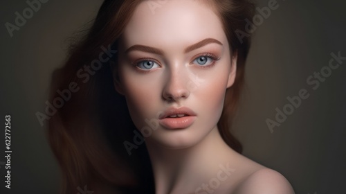 AI-generated illustration of an attractive young woman with porcelain skin wearing soft nude makeup