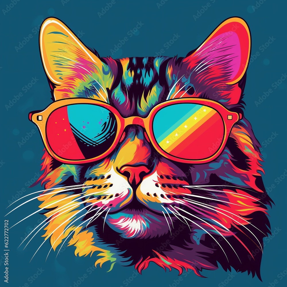 Fototapeta AI generated illustration of a joyful feline wearing stylish sunglasses posed on a blue background