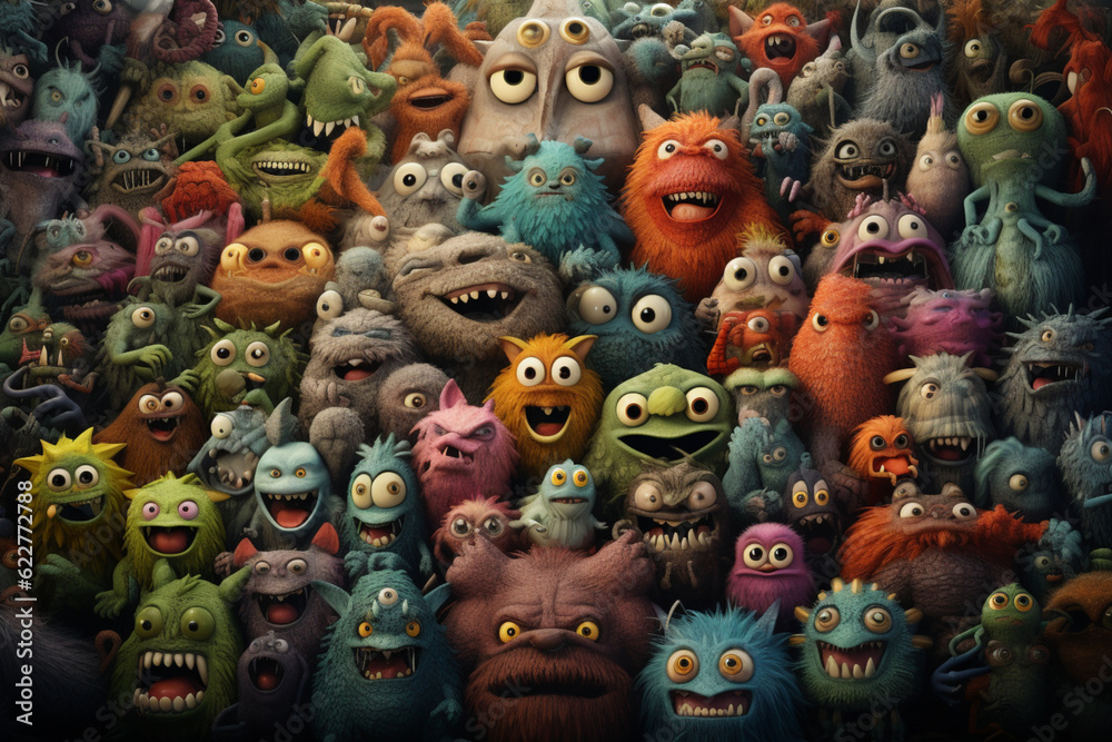 Many colorful cute alien monsters trapped and smushed together, scared monsters in a group collage. Generative AI illustration
Many colorful cute alien monsters trapped and smushed together, scared monsters in a group collage. Generative AI illustration