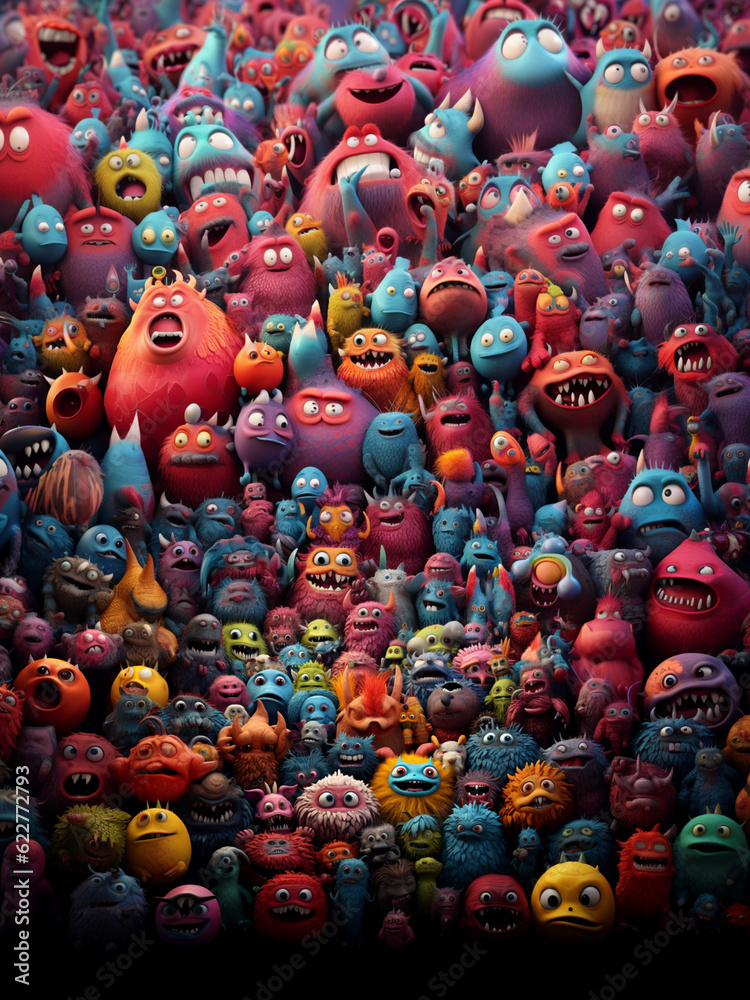 Many colorful cute alien monsters trapped and smushed together, scared monsters in a group collage. Generative AI illustration	

