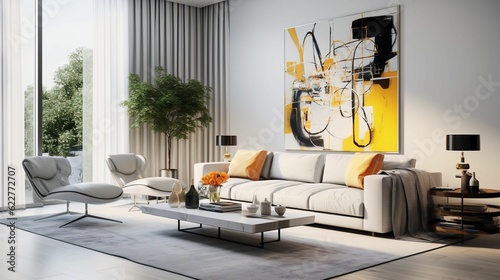 AI generated modern living room with white furniture and abstract picture on wall