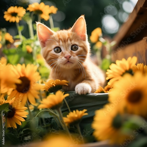 AI generated illustration of an adorable kitten in a basket with beautiful sunflowers