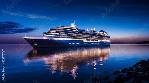 AI generated cruise ship illuminated by the soft light of the night sky swimming on water © Carter24/Wirestock Creators
