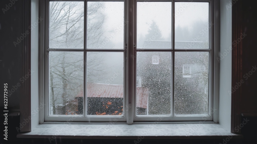 Window overlooking a wintery landscape with snow-covered houses in the background. AI-generated. Window overlooking a wintery landscape with snow-covered houses in the background. AI-generated.