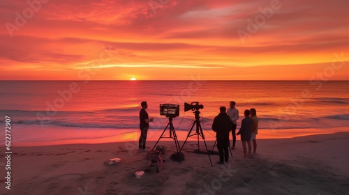 Group of people on a beach with filmmaking equipment. AI-generated. photo