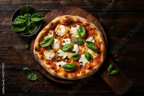 AI generated illustration of a Neapolitan pizza on a wooden surface