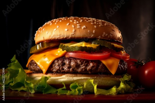 AI generated illustration of an appetizing cheeseburger with juicy onions, lettuce and tomatoes