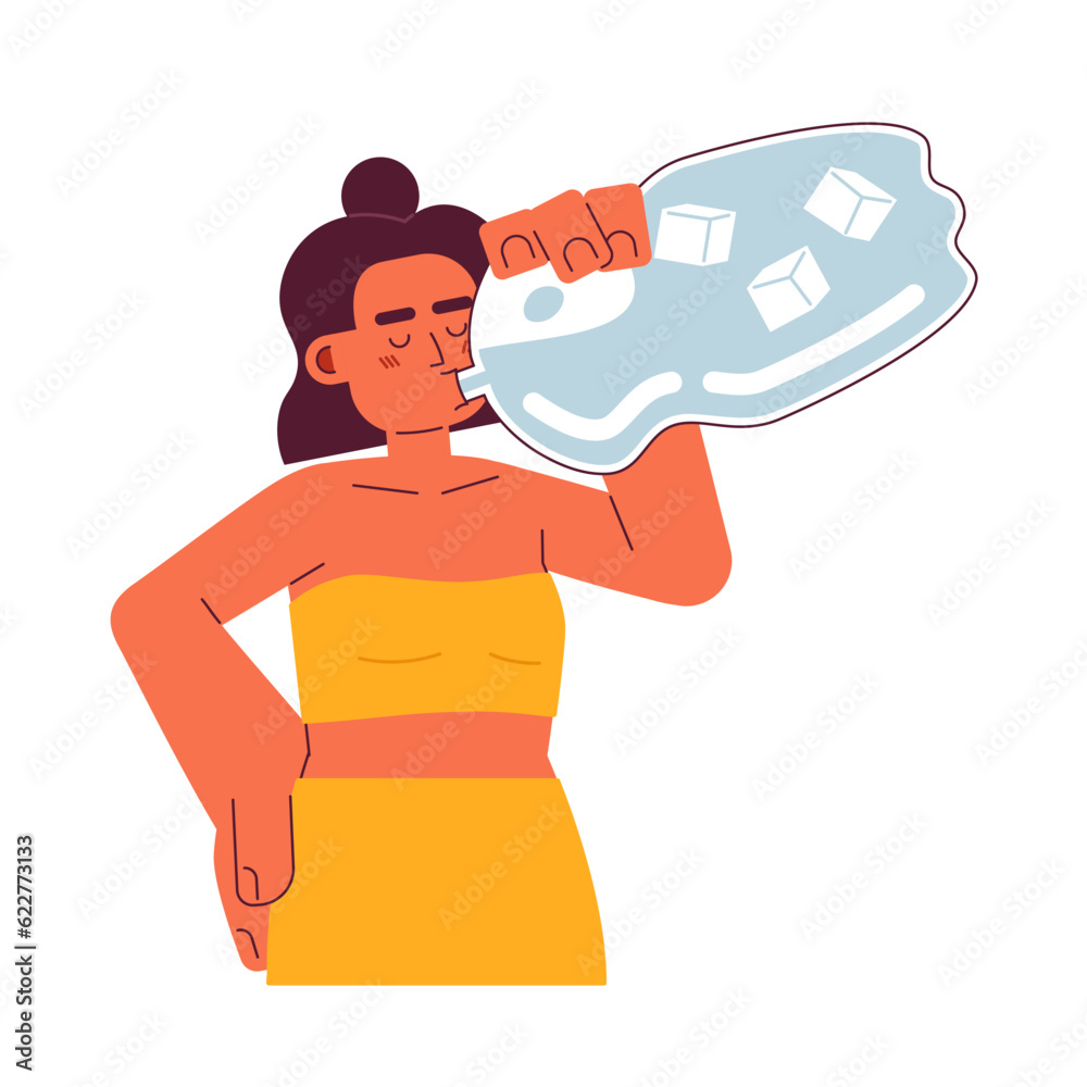 Woman drinking cold bottled water semi flat color vector character. Latina female hydrating in summer. Editable half body person on white. Simple cartoon spot illustration for web graphic design Woman drinking cold bottled water semi flat color vector character. Latina female hydrating in summer. Editable half body person on white. Simple cartoon spot illustration for web graphic design