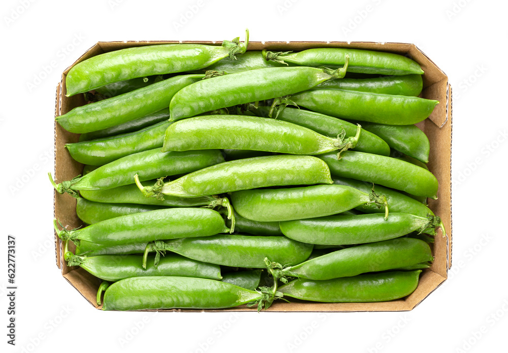 Cardboard punnet with fresh pea pods, containing green peas, the fruits and seeds of the plant Pisum sativum. Used fresh, frozen, dried or canned, as a vegetable. Isolated, from above, food photo. Cardboard punnet with fresh pea pods, containing green peas, the fruits and seeds of the plant Pisum sativum. Used fresh, frozen, dried or canned, as a vegetable. Isolated, from above, food photo.