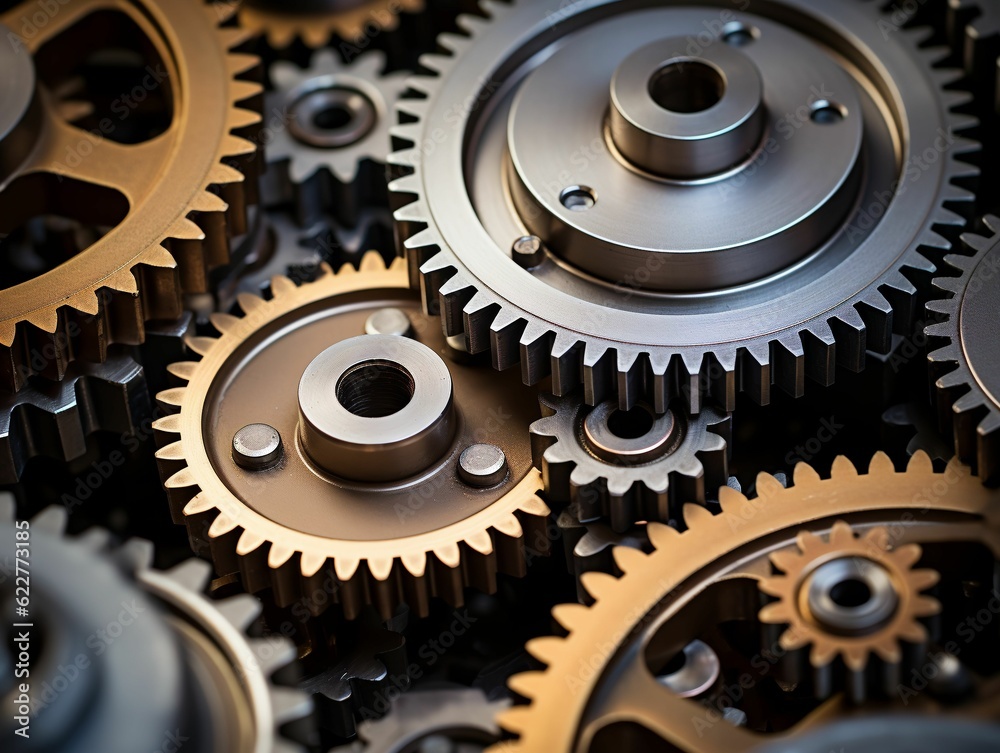 AI generated illustration of a collection of metallic gears arranged across a desk surface AI generated illustration of a collection of metallic gears arranged across a desk surface