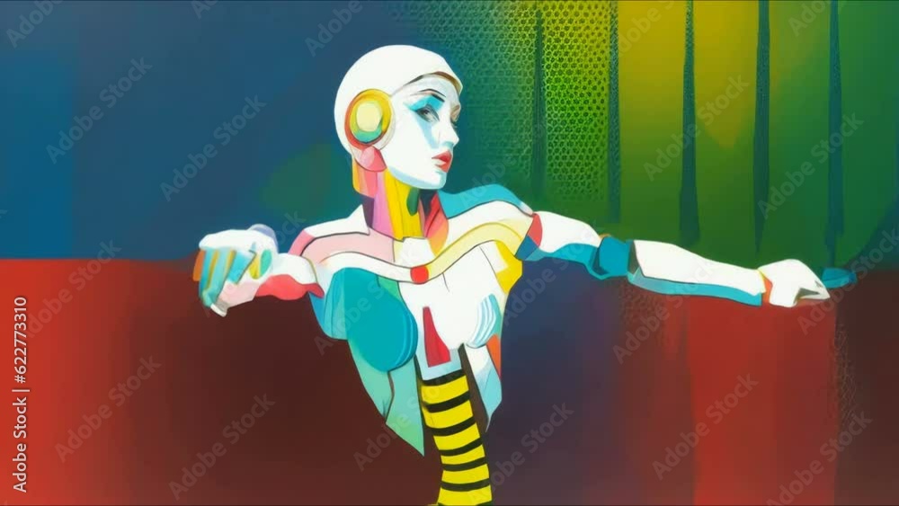 Generative Ai animation of cartoon dancing robot . Digital image painted in colorful pop art style