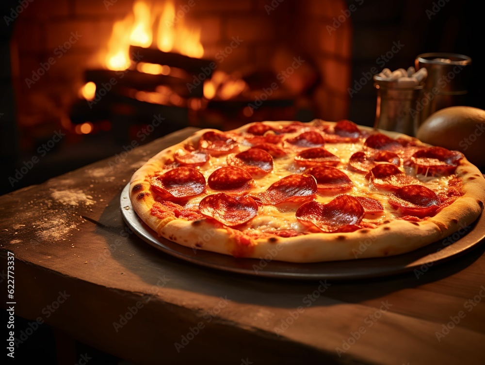 AI generated illustration of freshly baked Pepperoni pizza on a rustic wooden tray