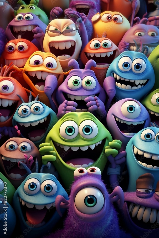 AI-generated illustration of a vibrant group of cartoon monsters, with friendly expressions AI-generated illustration of a vibrant group of cartoon monsters, with friendly expressions
