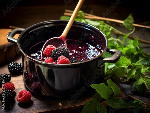 AI generated illustration of an appetizing bowl of homemade berry compote with fresh ripe berries photo