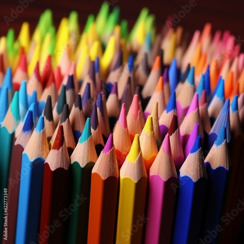 Close-up of an arrangement of sharp, vibrant colored pencils, AI-generated