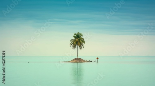 AI generated illustration of a single solitary tree stands in the middle of vast blue water © Rod Rigo/Wirestock Creators