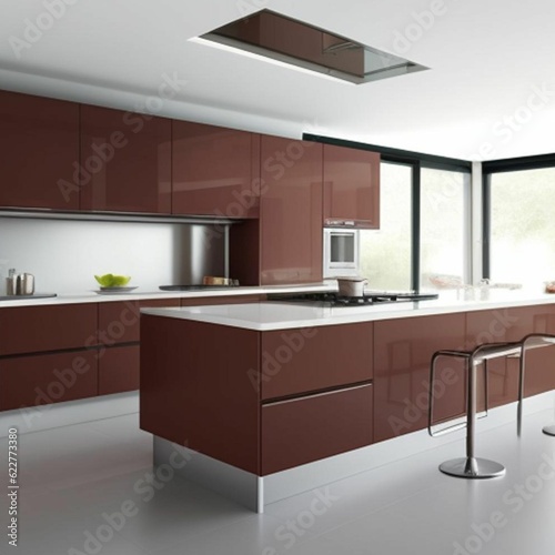 AI generated illustration of a modern kitchen in brown and white colors with an island