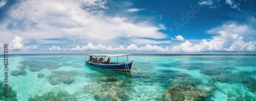 Banner boat in turquoise ocean water against blue sky with white clouds and tropical island. Ai generative.