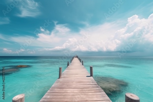 Wooden pier to an island in ocean against beautiful blue sky with white clouds. Ai generative. © Nataly