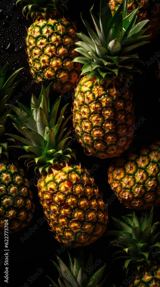 AI generated illustration of fresh pineapples in a dark setting, perfect for backgrounds AI generated illustration of fresh pineapples in a dark setting, perfect for backgrounds