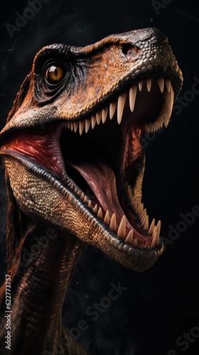 AI generated illustration of a roaring dinosaur on a dark backdrop