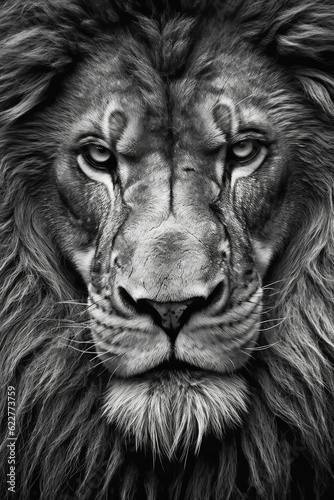 AI generated illustration of a majestic lion portrait in grayscale photo