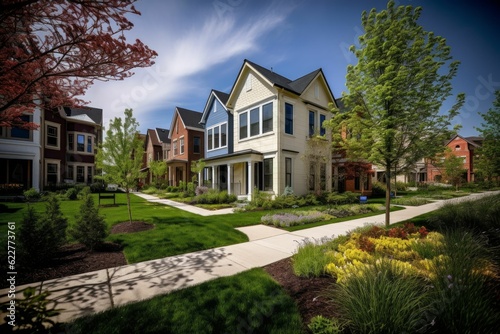 AI generated illustration of houses surrounded by tall trees in a residential neighborhood