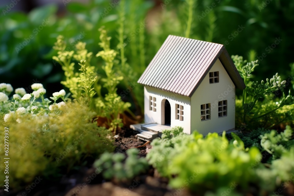 AI generated illustration of a white rural house miniature surrounded by greenery