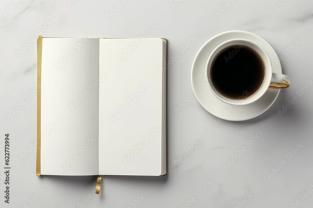 AI generated illustration of a blank notebook near a cup of coffee on a white table AI generated illustration of a blank notebook near a cup of coffee on a white table