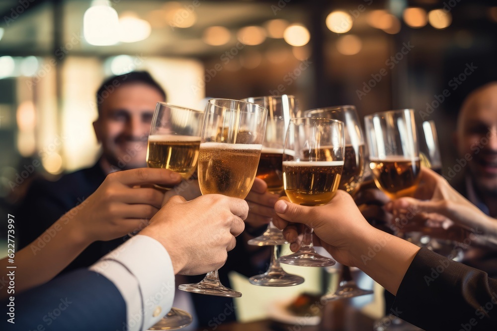 AI generated illustration of a group of friends enjoying drinks together at a bar AI generated illustration of a group of friends enjoying drinks together at a bar