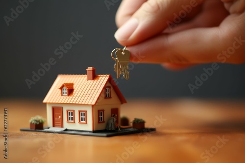 AI generated illustration of a person holding keys to a miniature house - real estate concept
