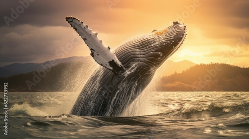 AI generated illustration of a humpback whale jumping out of the sea at golden hour © Tiam Seong/Wirestock Creators