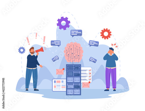 Man protesting against AI and disinformation vector illustration. Cartoon drawing of confused people, social media and online fake news. Artificial intelligence, technology, disinformation concept