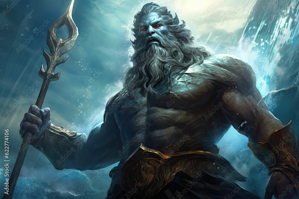 AI generated illustration of the enormous furious Poseidon god in the ...