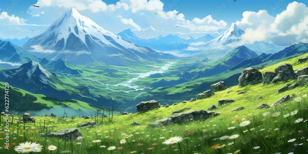 Summer Mountain Meadow Landscape In The Anime Cartoon Style Photo  Background And Picture For Free Download - Pngtree