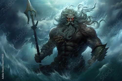 AI generated illustration of the enormous Poseidon god in the stormy ocean