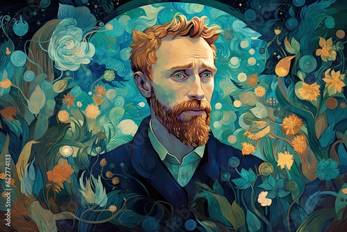 AI generated illustration of a portrait of Vincent van Gogh on the floral background