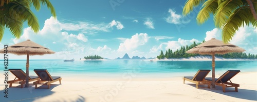 Beautiful banner beach with sand, turquoise ocean water and blue sky with clouds in sunny day. Ai generative. © Nataly
