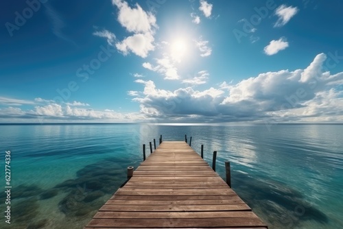 Wooden pier to an island in ocean against beautiful blue sky with white clouds. Ai generative.