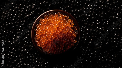 AI generated illustration of a bowl of red caviar on a stack of black ones