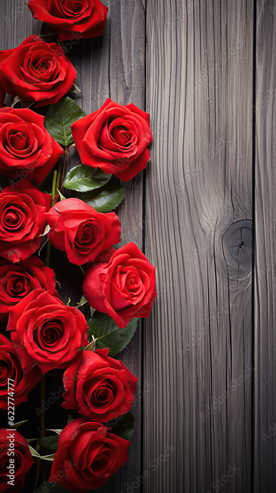 red rose composition on wooden tabletop Generative AI red rose composition on wooden tabletop Generative AI