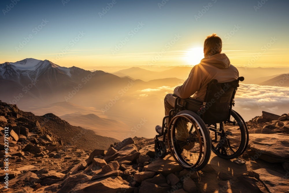 Overcoming Barriers, Person in Wheelchair at Top of Mountain - AI Generated