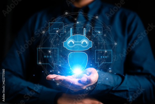 technology, business, artificial intelligence, robot, ai, futuristic, innovation, technology concept, digital, connection. Businessman Hand Robot HUD Show Futuristic Tech and Artificial Intelligence.